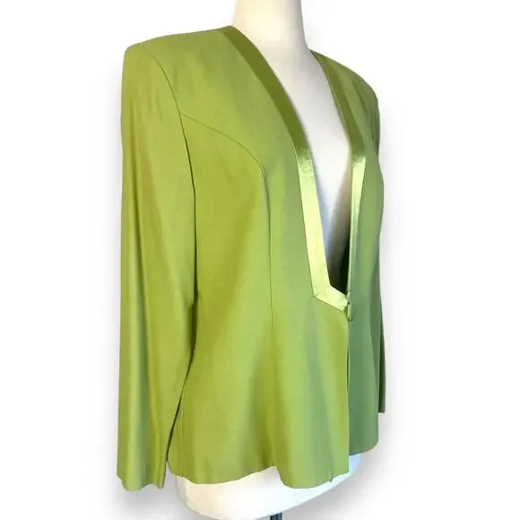 Vintage Lime Green Structured Blazer Satin Embellishment Twee Corpcore Jacket 12 - Picture 3 of 6
